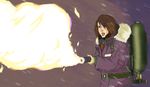  female fire flame_thrower flamethrower hair human jacket kate_lloyd mammal moragot not_furry ranged_weapon snow solo the_thing weapon 