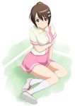  blush breast_hold breasts brown_eyes brown_hair ginjyasei hair_ornament hairclip niimi_haruka_(photokano) photokano scrunchie shoes sitting skirt sneakers socks solo sportswear tennis_court tennis_uniform wristband yokozuwari 