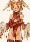 alma_beoulve blonde_hair blush branch_(blackrabbits) brown_eyes cosplay embarrassed final_fantasy final_fantasy_tactics flat_chest groin highleg highleg_leotard leotard red_leotard sketch solo thighhighs translated ultima_(fft) ultima_(fft)_(cosplay) underboob_cutout wings 