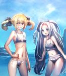  :d airi_(robotics;notes) bare_shoulders bikini blonde_hair blue_eyes blush bow_(bhp) breasts brown_eyes clenched_hand collarbone hair_ornament hair_ribbon hand_on_hip koujiro_frau multiple_girls navel open_mouth ribbon robotics;notes side-tie_bikini silver_hair small_breasts smile swimsuit twintails 