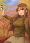  :d akemiho_tabi_nikki bad_id bad_pixiv_id blush breasts brown_eyes brown_hair cellphone glasses green_shirt holding kouno_hikaru large_breasts long_hair open_mouth oribe_shiori pantyhose phone ribbed_sweater shirt skirt smile solo sweater tree 