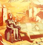 2girls bandage_over_one_eye bandages bench brown_hair commander_shepard commander_shepard_(female) couple damaged detached_sleeves faustsketcher good_end holding_hands injury interlocked_fingers kelly_chambers mass_effect mass_effect_3 multiple_girls post-apocalypse red_hair sepia short_hair signature sitting wheelchair yuri 