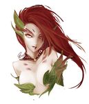  aa2233a bare_shoulders breasts collar extra_ears jewelry leaf league_of_legends long_hair medium_breasts monster_girl orange_eyes red_hair signature simple_background smile solo white_background zyra 