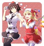  arm_grab ascot belt black_legwear blonde_hair breasts brown_hair camera fang flandre_scarlet frown hat kuro_goma_(kakkou11) medium_breasts miniskirt multiple_girls necktie open_mouth pointy_ears red_eyes revision shameimaru_aya short_hair side_ponytail simple_background skirt thighhighs tokin_hat touhou white_legwear wings zettai_ryouiki 