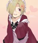  annmitu89 apron blonde_hair blush brown_eyes earrings face hair_over_one_eye idolmaster idolmaster_cinderella_girls jewelry looking_at_viewer maid maid_headdress open_mouth ribbon shirasaka_koume short_hair sleeves_past_fingers sleeves_past_wrists smile solo 