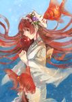  aono_(091139) blurry candy_apple eating fish floating_hair flower food from_side hair_flower hair_ornament hairband japanese_clothes kimono long_hair mask original red_eyes red_hair solo underwater wide_sleeves yukata 