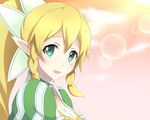  blonde_hair breasts cleavage elf green_eyes iray large_breasts leafa long_hair pointy_ears ponytail solo sword_art_online 