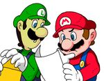  2boys blue_eyes brothers brown_hair cap envelope facial_hair frown gloves hand_on_another's_chin hand_on_chin hat letter lowres luigi male male_focus mario mario_(series) multiple_boys mustache nintendo paper siblings super_mario_bros. suspenders white_background 