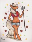  anthro anthrofied applejack_(mlp) blonde_hair clothed clothing equine eyes_closed female freckles friendship_is_magic hair horse mammal midriff my_little_pony navel pitchfork pony shivra solo 