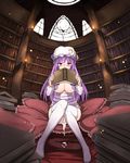  after_sex blush book bookshelf bow breasts covering_mouth crescent cum cum_in_pussy cumdrip frilled_pillow frills hair_bow hair_censor hair_over_breasts hat highres large_breasts library long_hair looking_at_viewer patchouli_knowledge pillow purple_eyes purple_hair revision room sitting solo thighhighs touhou voile white_legwear zaxwu 