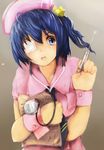  blue_eyes blue_hair chuunibyou_demo_koi_ga_shitai! darwinwu eyepatch hat highres nurse nurse_cap one_side_up paper short_hair solo stethoscope syringe takanashi_rikka 