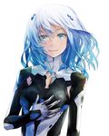  bangs beatless blue_eyes blue_hair bodysuit closed_mouth hair_between_eyes hair_ornament hand_on_own_chest leicia long_hair looking_at_viewer redjuice simple_background smile solar_panel solo upper_body white_background 