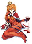  angel_(evangelion) blue_eyes breasts brown_hair cape crown cup drinking_glass full_body holding leaning_to_the_side long_hair looking_at_viewer luna_(reclaimed_land) medium_breasts neon_genesis_evangelion pinky_out plugsuit rebuild_of_evangelion red_wine sachiel shikinami_asuka_langley simple_background sitting solo souryuu_asuka_langley spilling white_background wine_glass 