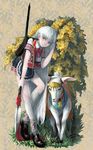  backpack bag bell dress flower goat grass highres long_hair original polearm shoes socks solo spear totoya_yuu weapon white_hair 