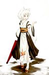  animal_ears detached_sleeves full_body geta highres inubashiri_momiji kokutei_n kourindou_tengu_costume leaf obi open_mouth oriental_umbrella red_eyes sash short_hair silver_hair snow solo tabi tail tengu-geta touhou umbrella white_hair white_legwear wolf_ears wolf_tail 