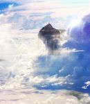  bird castle cloud dirigible floating_island haru_(snowdrop) no_humans ocean original rainbow scenery sky water waterfall zeppelin 