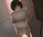  amagami baseball_bat black_hair brown_eyes cropped highres light_switch messy_hair nanasaki_ai nightgown no_pants official_art pillow pillow_hug reference_work scan see-through_silhouette short_hair shy solo takayama_kisai 