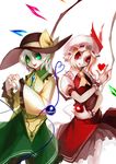  :d apple ascot blonde_hair bow crazy_eyes flandre_scarlet food fruit green_eyes green_hair hat hat_bow hat_ribbon heart heart_hands heart_of_string highres komeiji_koishi long_sleeves multiple_girls nail_polish open_mouth pantyhose red_eyes ribbon short_hair side_ponytail simple_background skirt skirt_set slit_pupils smile spark621 touhou white_background wide_sleeves wings wrist_cuffs 