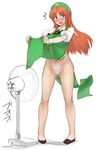 1girl :d abubu blue_eyes blush braid breasts brown_hair electric_fan fan fanning_crotch groin hat holding hong_meiling large_breasts long_hair looking_at_viewer navel open_mouth panties sketch smile solo standing star sweatdrop touhou twin_braids underwear white_panties wrist_cuffs 