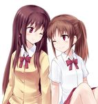  ;) achiga_school_uniform bow brown_hair cardigan eye_contact long_hair looking_at_another matsumi_kuro multiple_girls one_eye_closed red_eyes saki saki_achiga-hen school_uniform skirt smile suzushiro_yukari takakamo_shizuno 