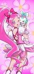  ;d boots bow choker chypre_(heartcatch_precure!) creature cure_blossom floral_background hair_bow hanasaki_tsubomi heartcatch_precure! highres long_hair looking_back magical_girl one_eye_closed open_mouth pink pink_background pink_bow pink_choker pink_eyes pink_hair ponytail precure say_(sakabin) skirt smile 