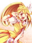  ;d bad_id bad_pixiv_id blonde_hair blush bow cure_peace dress fukai_ryousuke hair_flaps hair_ornament highres kise_yayoi long_hair magical_girl one_eye_closed open_mouth ponytail precure simple_background skirt smile smile_precure! solo v white_background yellow yellow_bow yellow_eyes yellow_skirt 