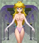  1girl blonde_hair blue_eyes blush breasts corridor crown earrings elbow_gloves gloves hallway jewelry long_hair mario_(series) mokusa nintendo nipples panties princess_peach purple_panties super_mario_bros. topless underwear 