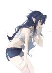 1girl absurdres bare_legs black_hair blue_shorts clothes_lift darah dolphin_shorts from_side highres irina_luminesk long_hair looking_to_the_side midriff open_mouth pale_skin pointy_ears red_eyes shirt shirt_lift shorts solo sweat tank_top tsuki_to_laika_to_nosferatu vampire white_background white_shirt 