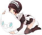  :3 alternate_costume america_(hetalia) apron axis_powers_hetalia black_eyes black_hair black_legwear boots crossdressing dress enmaided food full_body garter_straps glasses japan_(hetalia) maid maid_headdress male_focus mochi open_mouth otoko_no_ko pillow thighhighs wagashi warusugi02 