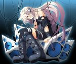  black_footwear blonde_hair blue_background blue_eyes boots cable full_body gradient_hair headgear highres ia_(vocaloid) knee_boots long_hair multicolored_hair pink_hair simple_background sitting solo speaker very_long_hair vocaloid wire yuzuki_kei 