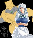  apron braid breast_hold breasts colorized crossed_arms crossover eu03 izayoi_sakuya jojo_no_kimyou_na_bouken large_breasts maid maid_headdress short_hair silver_hair solo stand_(jojo) stardust_crusaders the_world touhou twin_braids 