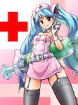  310123 belt blue_hair garter_straps gloves hatsune_miku koiiro_byoutou_(vocaloid) long_hair nurse oversized_object pointing red_eyes smile solo syringe thighhighs twintails very_long_hair vocaloid 