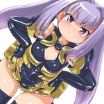  anger_vein angry black_legwear breasts busou_shinki cleavage dd_(ijigendd) doll_joints dutch_angle gloves hands_on_hips leaning_forward long_hair medium_breasts pout purple_eyes purple_hair sharatang_(busou_shinki) skirt solo thighhighs thighs 