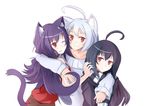  ahoge animal_ears black_hair cat_ears cat_tail duel_masters hug long_hair multiple_girls original purple_hair red_eyes sai_(bankoru) scarf sweater tail tasogare_mimi white_hair 