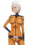  ahoge arm_at_side bangs belt beltskirt bodysuit breasts breasts_apart clenched_hand commentary_request cowboy_shot dark_skin expressionless frown hair_between_eyes hand_on_hip image_sample jack_hamster legs_apart looking_to_the_side medium_breasts military military_uniform nicoseiga_sample orange_bodysuit red_eyes short_hair silver_hair simple_background skin_tight solo standing turtleneck uchuu_senkan_yamato uchuu_senkan_yamato_2199 uniform white_background yamamoto_akira 