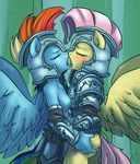  2012 anthro anthrofied armor atryl blue_fur blush breasts cutie_mark duo equine eyes_closed female fluttershy_(mlp) friendship_is_magic hair hand_on_ass horse kissing lesbian multi-colored_hair my_little_pony nipples pegasus pink_hair pony rainbow_dash_(mlp) rainbow_hair saliva_string side_boob signature wings yellow_fur 