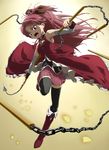  arm_up armpits black_legwear boots bow detached_sleeves dress fangs fujimaruu hair_bow highres holding knee_boots long_hair long_sleeves looking_at_viewer magical_girl mahou_shoujo_madoka_magica open_mouth outstretched_arm ponytail red_dress red_eyes red_hair sakura_kyouko skirt smile solo standing standing_on_one_leg thighhighs weapon zettai_ryouiki 
