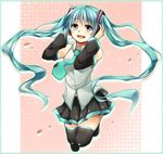  aqua_eyes aqua_hair bad_id bad_pixiv_id boots colorized detached_sleeves hands_on_own_head hatsune_miku headphones highres long_hair necktie open_mouth ren_(hissorito.) skirt solo sora-1123 thigh_boots thighhighs twintails very_long_hair vocaloid 