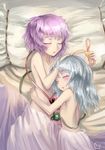  bed blanket closed_eyes convenient_arm convenient_head flat_chest hug incest komeiji_koishi komeiji_satori multiple_girls naked_sheet nude pink_hair revision siblings silver_hair sinzan sisters sleeping touhou yuri 