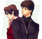  blue_eyes brown_hair cross cross_necklace facial_hair fate/zero fate_(series) formal goatee goruyuga jewelry kotomine_kirei multiple_boys necklace open_mouth short_hair squiggle suit toosaka_tokiomi 