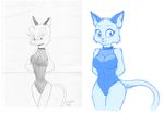  2010 breasts cat collar comparison ear_tuft edit feline female form_fitting fur loki_(artist) looking_at_viewer mammal sketch smile tuft unknown_artist 