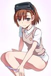  black_eyes blush brown_hair caryo goggles goggles_on_head long_legs looking_at_viewer misaka_imouto nanashino panties panty_pull school_uniform short_hair simple_background smile solo to_aru_kagaku_no_railgun to_aru_majutsu_no_index underwear white_background white_panties 