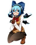  :d alternate_costume bad_id bad_pixiv_id bespectacled black_legwear blue_eyes blue_hair blush bow breasts cirno earmuffs glasses gloves hair_bow headphones ice ice_wings kinakomoti large_breasts mittens open_mouth pantyhose scarf school_uniform short_hair simple_background skirt smile solo squatting touhou white_background wings 