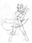  arrow bow_(weapon) canine cape caribou_(artist) clothed clothing female forest fox hair long_hair mammal quiver ranged_weapon sketch skimpy solo sword tree weapon 