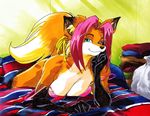  bed blue_eyes bra breasts canine ear_tuft female fox fur hair inviting joehentai looking_at_viewer mammal pink_hair solo tuft underwear undressing zoe_(foxxieangel) 