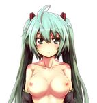  ahoge blush breasts detached_sleeves green_eyes green_hair hatsune_miku large_breasts long_hair nipples resized revision simple_background solo tom_(drpow) topless twintails vocaloid white_background 
