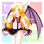  :d aka_tawashi bat_wings blonde_hair blush bow hair_ribbon highres kurumi_(touhou) long_hair open_mouth panties pantyshot purple_wings revision ribbon skirt smile solo suspender_skirt suspenders touhou touhou_(pc-98) underwear white_panties wings yellow_eyes 