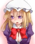  between_breasts blonde_hair blush bow breasts cleavage food gradient gradient_background hat large_breasts long_hair maribel_hearn open_mouth pocky purple_eyes ribbon short_hair simple_background solo tori_(minamopa) touhou upper_body 