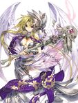  angel_wings arm_guards armor bare_shoulders breasts cleavage feathers green_hair headgear long_hair medium_breasts navel original parted_lips purple_eyes revision sanbasou solo staff very_long_hair wings 