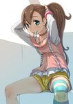  adjusting_hair arms_up bad_id bad_pixiv_id blue_eyes blush brown_hair bunching_hair chousoku_henkei_gyrozetter collarbone inaba_rinne long_hair mouth_hold nukomasu panties short_shorts shorts side_ponytail single_thighhigh sitting smile solo striped striped_legwear thighhighs underwear upshorts white_panties 